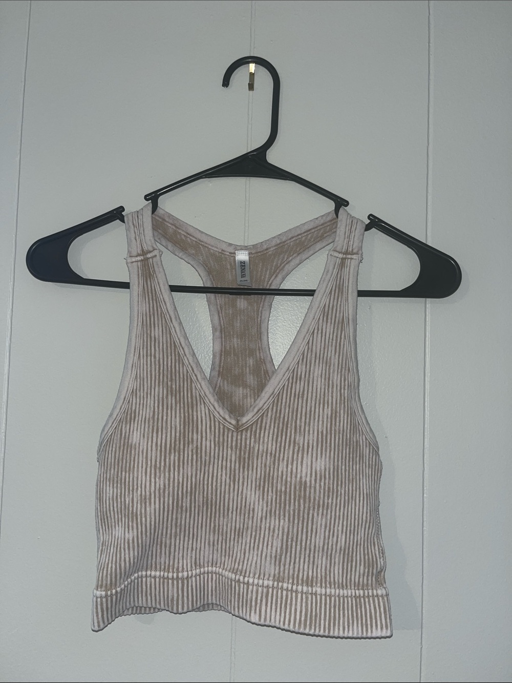 Zenana Outfitters Ribbed V-Neck Racerback Padded Bralette - Taupe